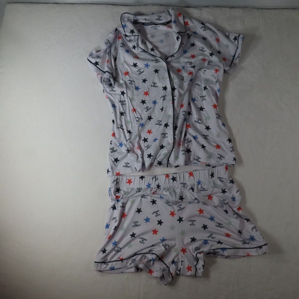 Life is Good Sleep Womens L Star Print 2 Piece Pajama Set Top Shorts White